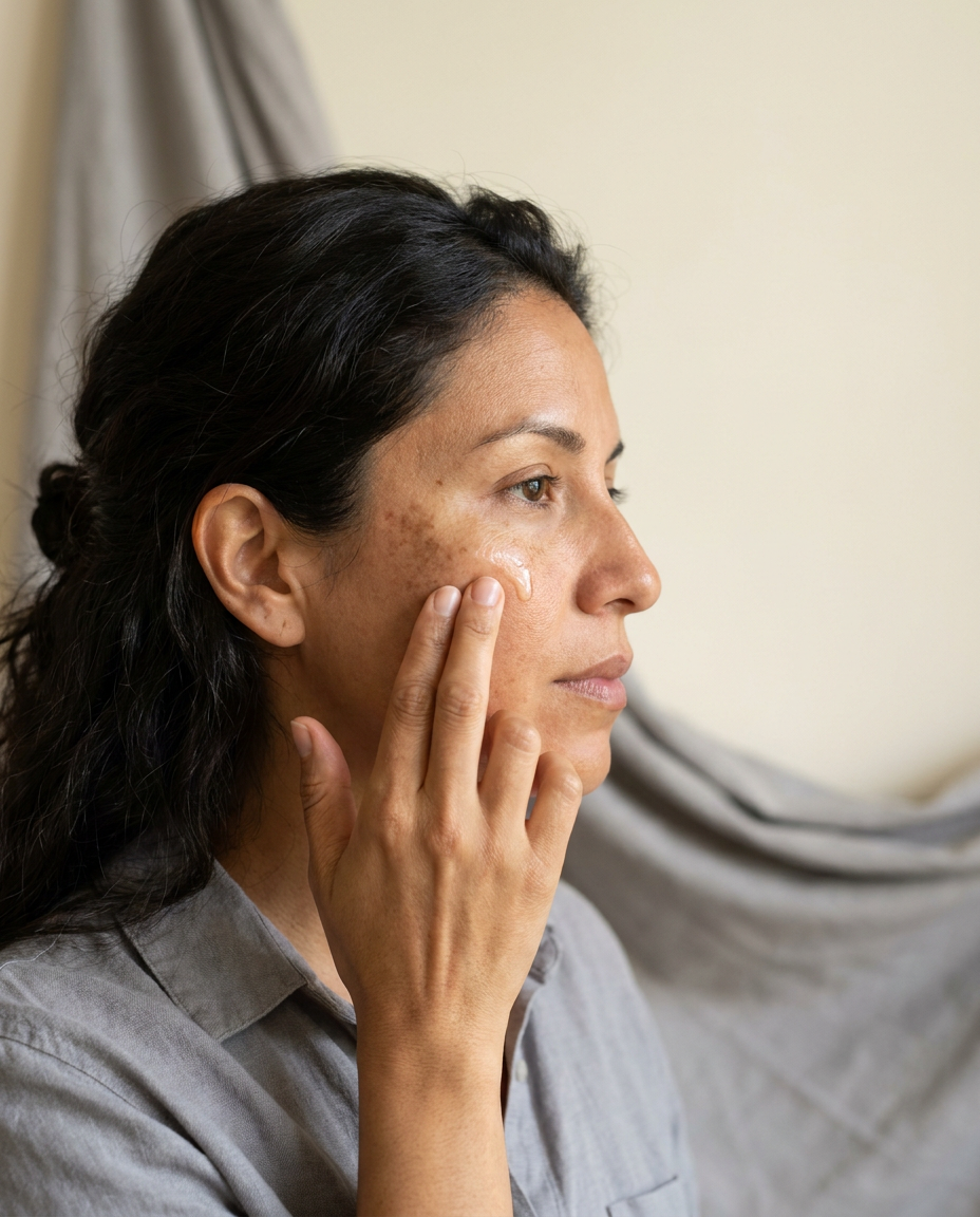 Professional practitioner examining patient's facial skin under bright clinical lighting to assess pigmentation concerns, with patient seated in comfortable treatment chair in modern clinic environment