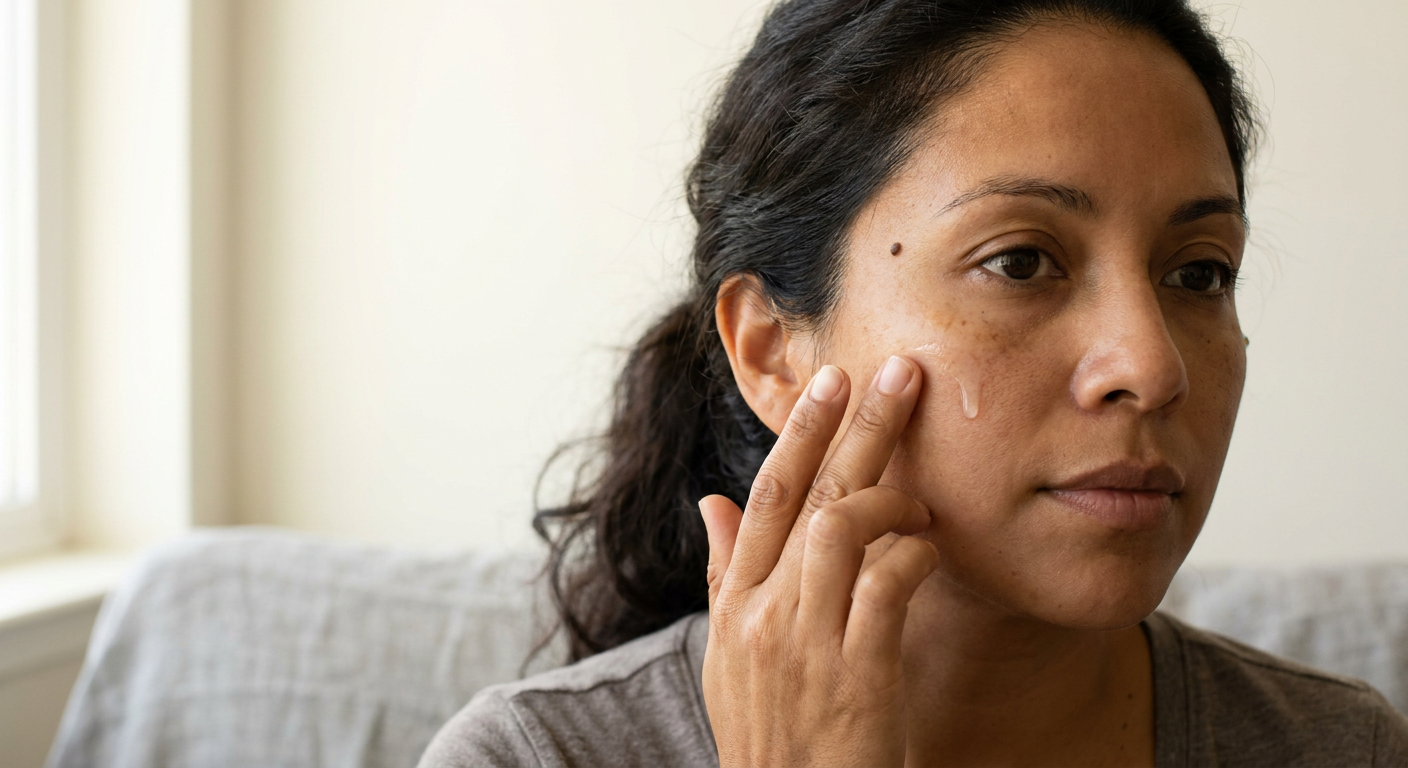 Professional practitioner examining patient's facial skin under bright clinical lighting to assess pigmentation concerns, with patient seated in comfortable treatment chair in modern clinic environment