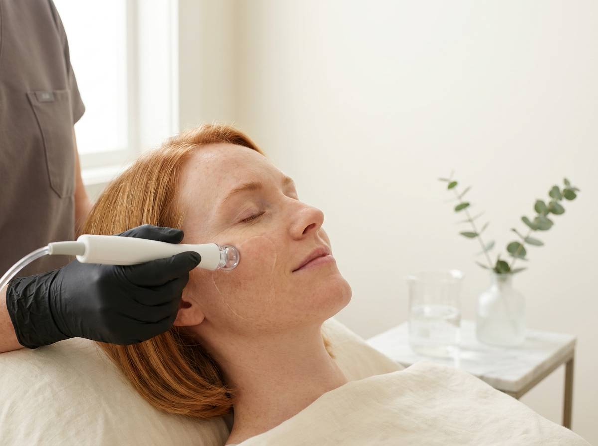 Professional aesthetician performing HydraFacial treatment on client's face in modern clinical setting, using handheld device with bright overhead lighting