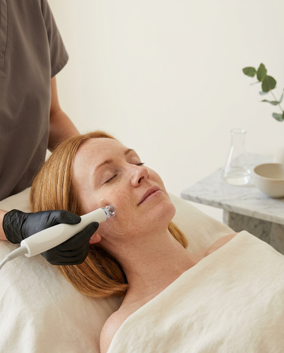 Professional aesthetician performing HydraFacial treatment on client's face in modern clinical setting, using handheld device with bright overhead lighting