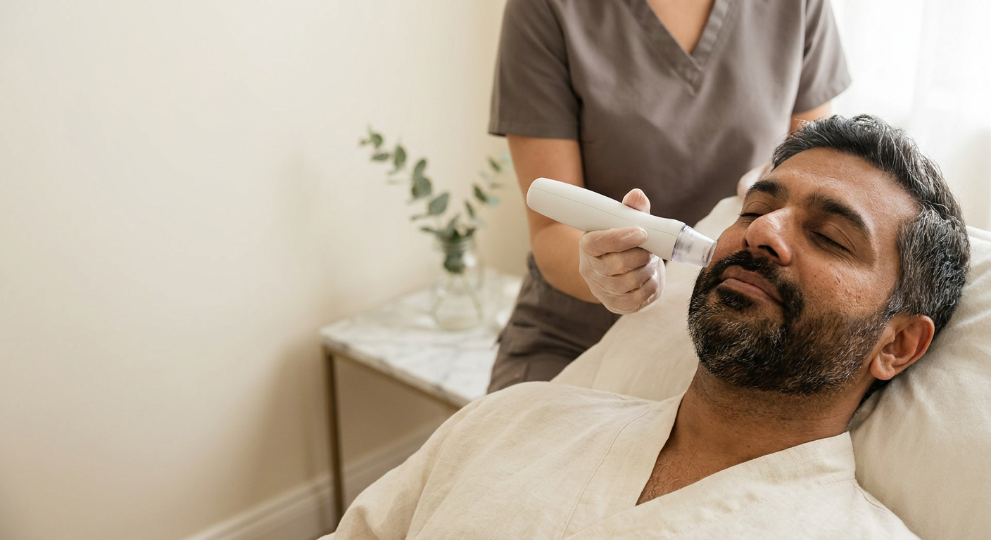 Professional aesthetician performing microdermabrasion treatment on client's face in clinical treatment room with warm lighting and modern equipment