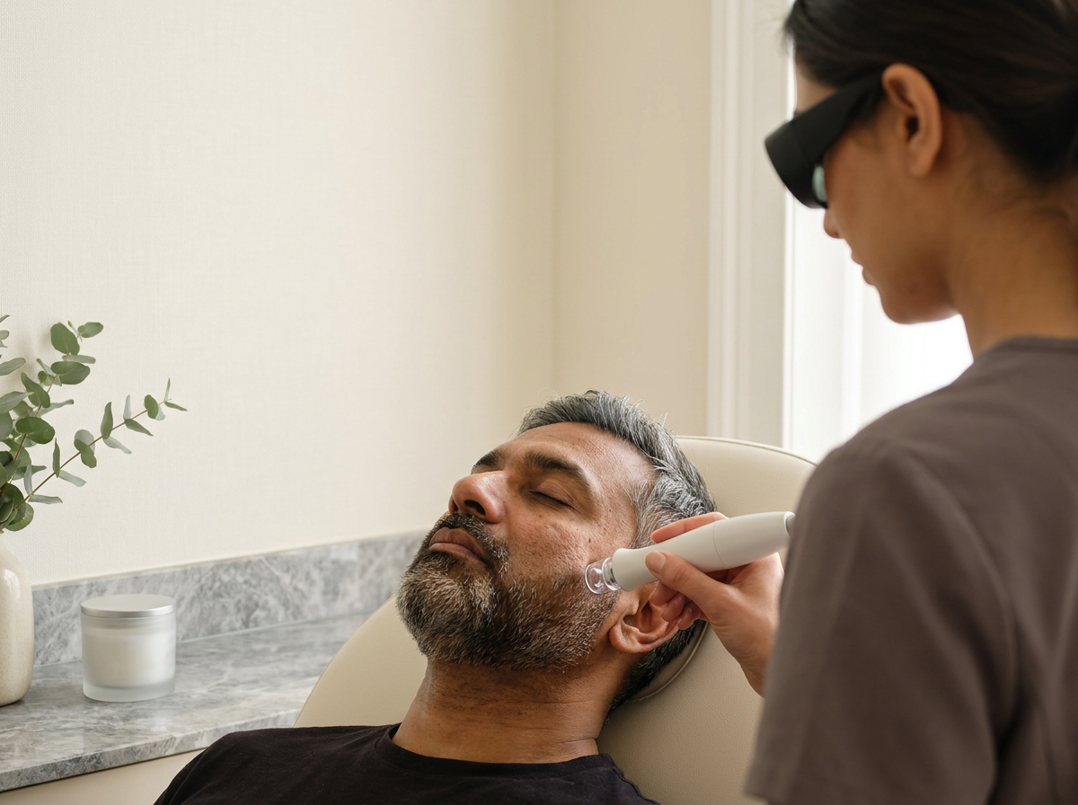 Professional aesthetician performing microdermabrasion treatment on client's face in clinical treatment room with warm lighting and modern equipment