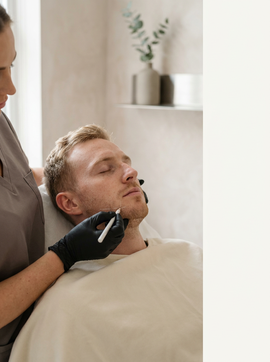 Professional aesthetics practitioner in modern clinic consultation room discussing treatment options with patient, showing expertise and warmth in natural lighting