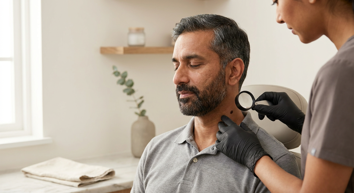 Professional dermatologist examining patient's skin with dermoscope in bright clinical setting, patient seated comfortably on examination chair