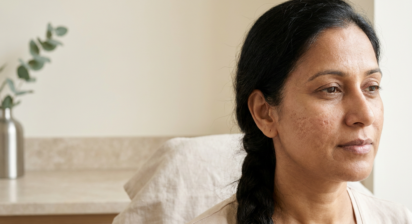 Professional dermatologist examining patient's cheek and jawline showing acne scarring with natural clinical lighting and magnification