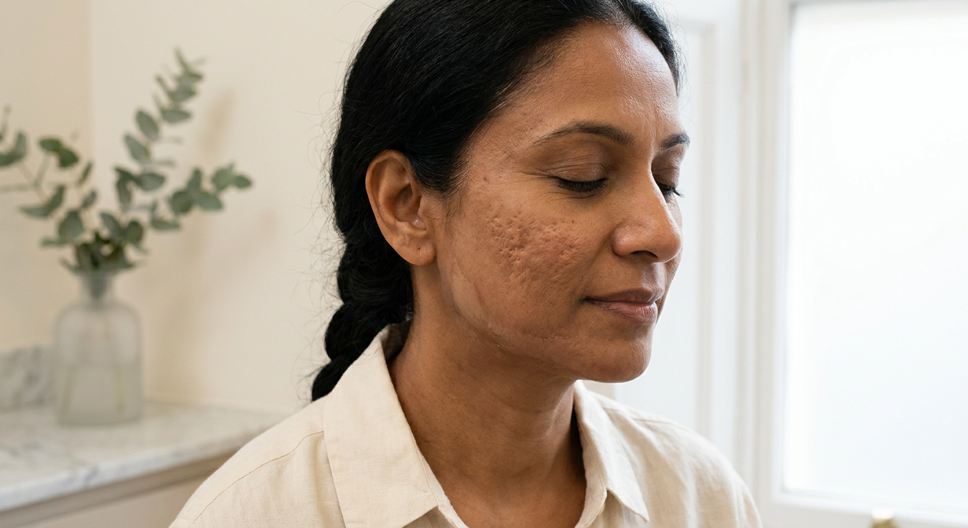 Professional dermatologist examining patient's cheek and jawline showing acne scarring with natural clinical lighting and magnification