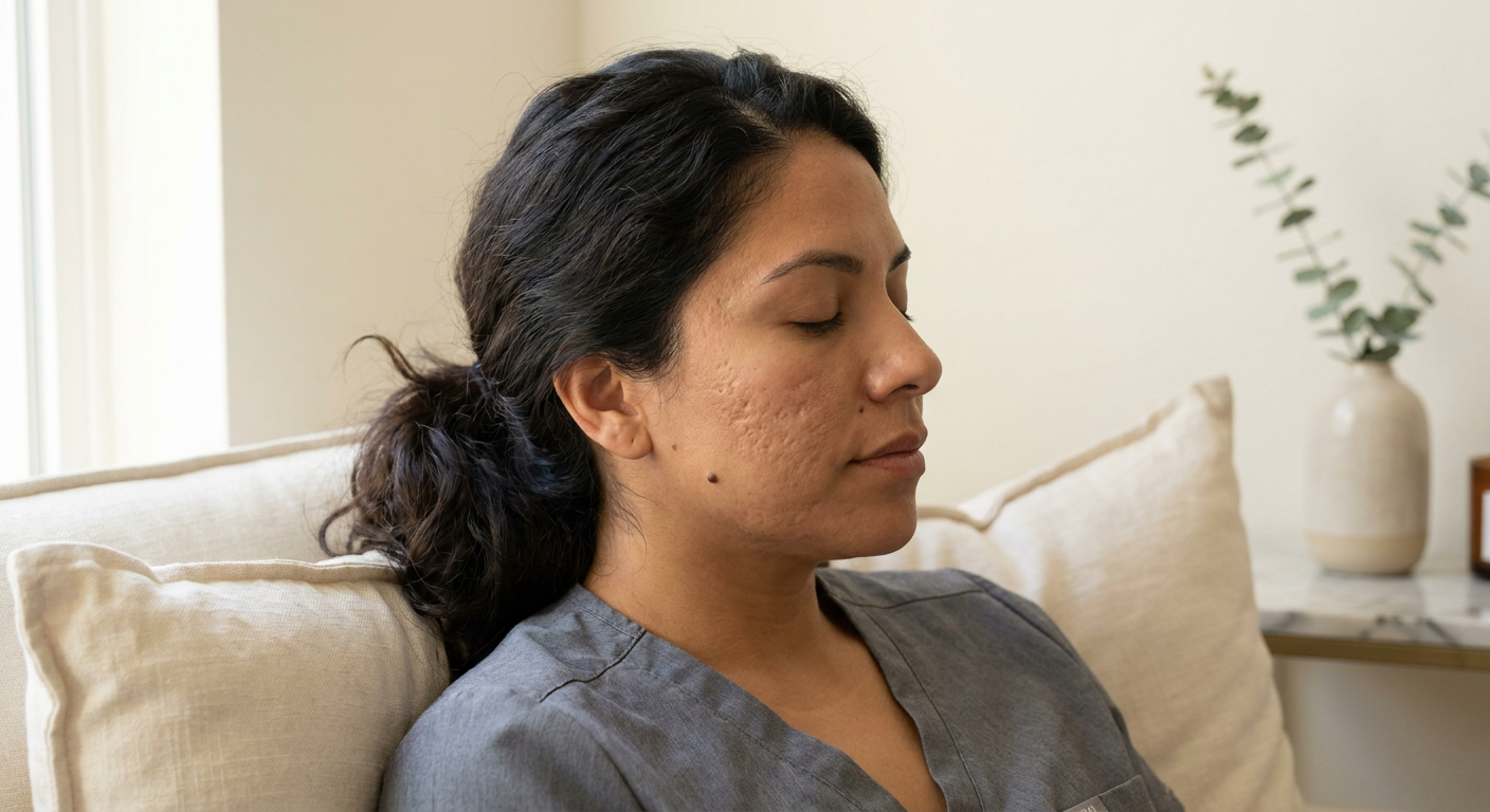 Close-up of patient's skin showing different types of acne scarring before treatment, professional clinical lighting, dermatological assessment setting