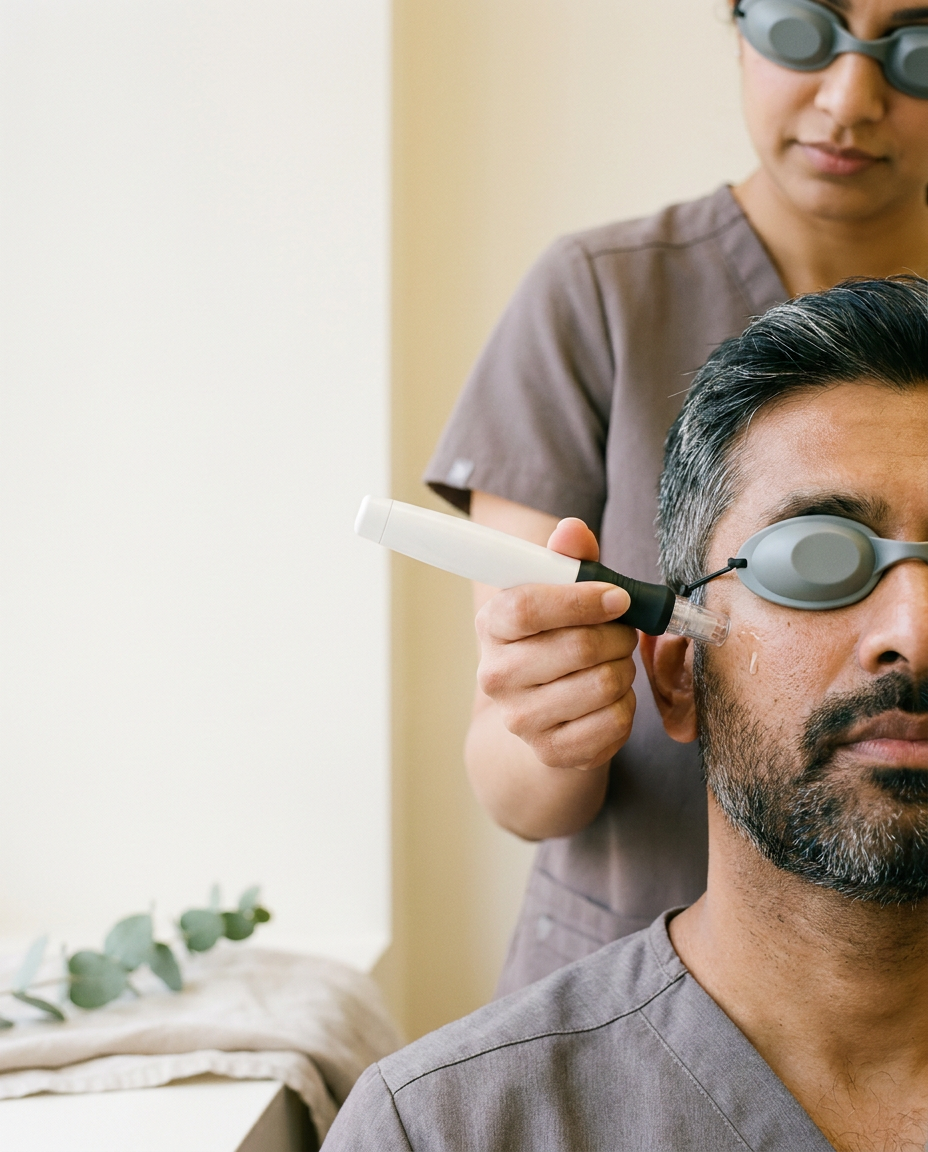 Professional aesthetic practitioner carefully administering skin booster injections to patient's cheek area in sterile clinical environment, with bright surgical lighting and professional equipment visible